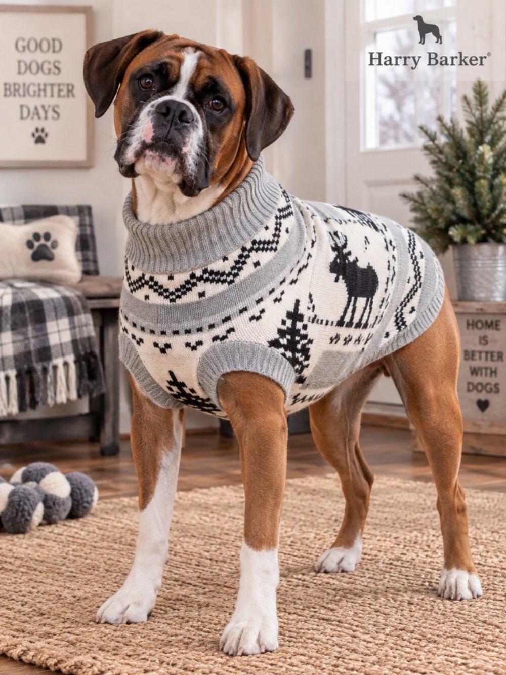 Harry Barker Large Dog Fair Isle Sweater Moose Nordic Grey Cream